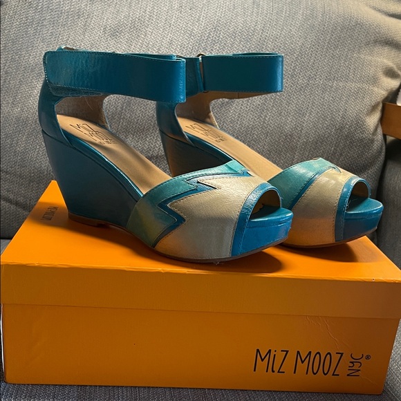Miz Mooz Shoes - Miz Mooz Yvette Turquoise and cream Wedge Sandals